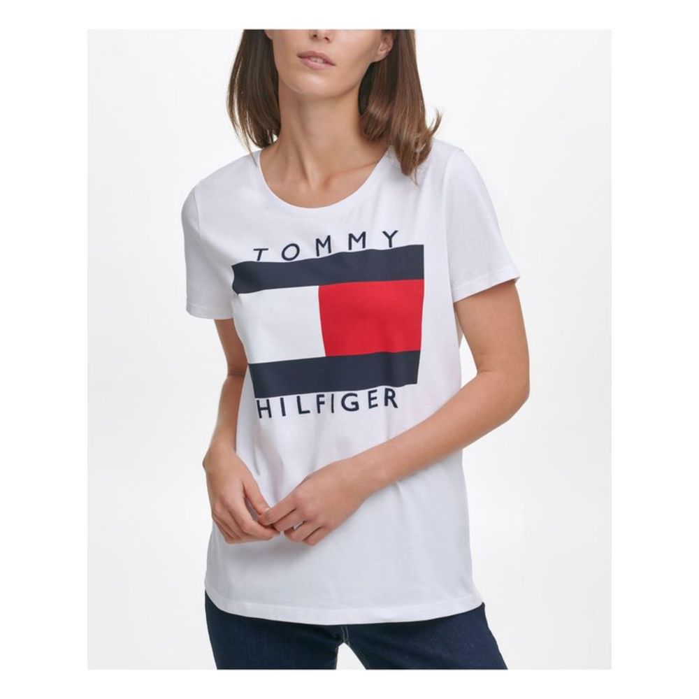 HILFIGER JEANS Womens White Printed Short Sleeve Crew Neck Top Plus 0X